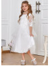 Ivory Pearl Beaded Embroidered Lace Tulle Flower Girl Dress